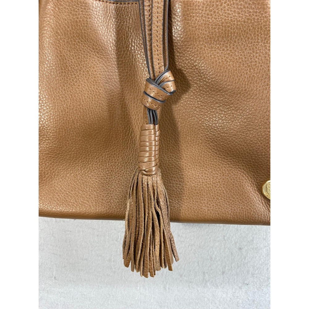 Vince Camuto Tote Bag Purse Genuine Leather Brown Tassel Gold Emblem‎ Shoulder - Picture 2 of 16